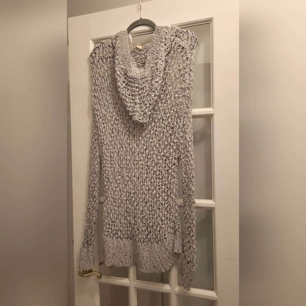 POL Long Sleeve Cream Color Crochet Knit Sweater With Hoodie